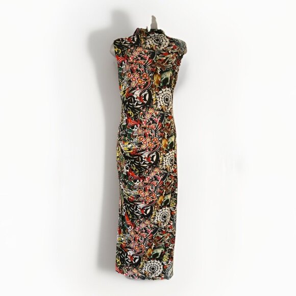 Ed Hardy Tattoo Mesh Maxi Sleeveless Bodycon Dress w/ Slit Women's Size Large - Picture 1 of 9